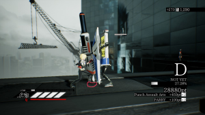 Assault Spy screenshot: Amelia squares off against an information monolith robot on a bridge between two skyscrapers.