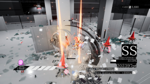 Assault Spy screenshot: Asaru demolishes a group of traffic cone-shaped robots and achieves an SS Executive ranking.