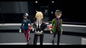 Assault Spy screenshot: Amelia busts in, flanked by Chidori, a business woman with metal legs, and Kazama, a slovenly agent in a trilby and green jacket.
