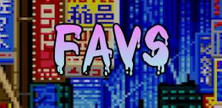 the word 'favs', in front of the pixellated alleys of Joy Division from the game Snatcher