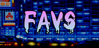 the word 'favs', in front of the pixellated condominium block from the game Snatcher