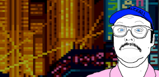 crude cartoon doodle of nurvuss, a moustachioed man in a hat and button up shirt, in front of the pixellated bright lights of Alton Plaza from the game Snatcher