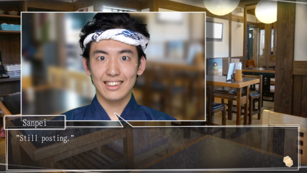Screenshot from Root Letter Last Answer. A photographic portrait of a Japanese Chef, Sanpei, in his restaurant. 'Still posting', he says.